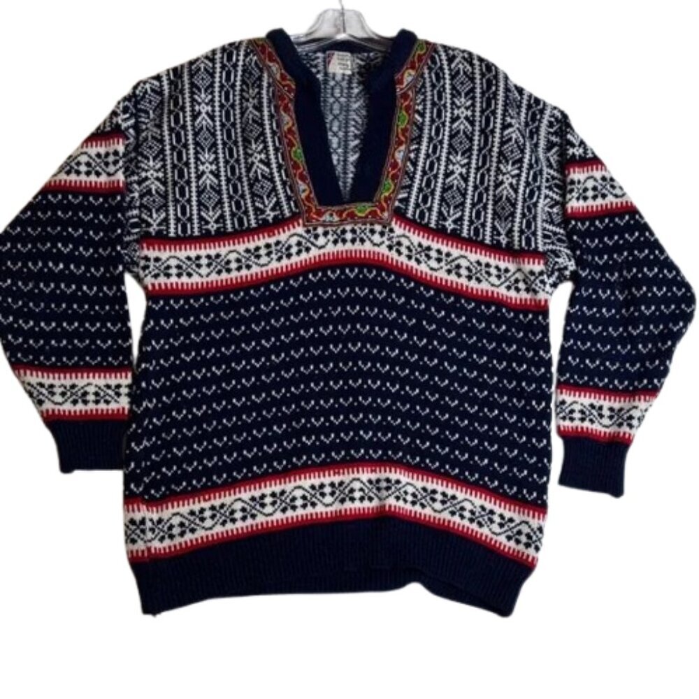 Vintage P.N. Norway Nordic Fair Isle Wool Sweater Embroidered XL -2XL #4206